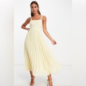 ASOS DESIGN elasticated tie back pleated midi dress in yellow